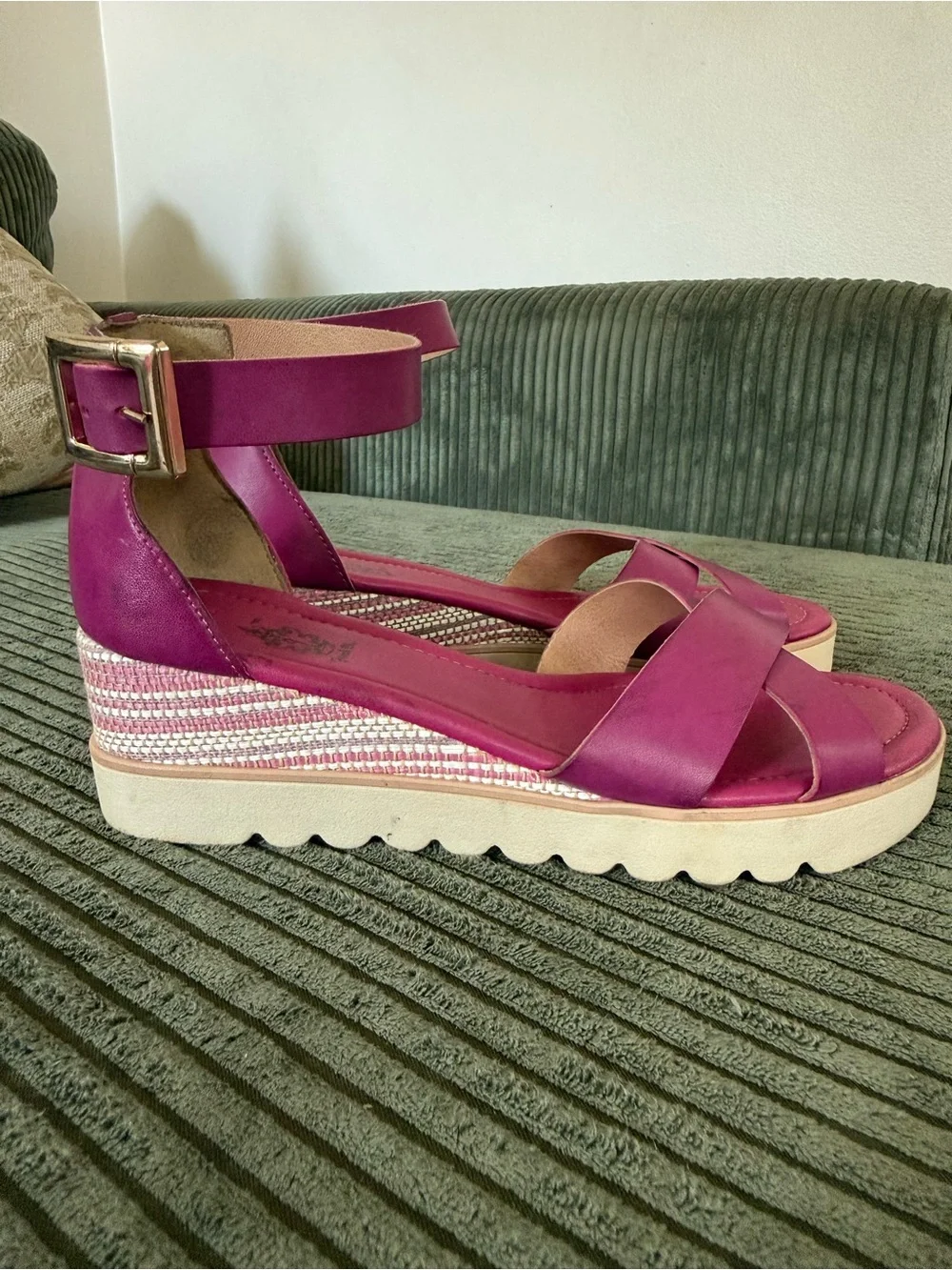French Blu Magenta Ankle-Strap Wedge Sandals